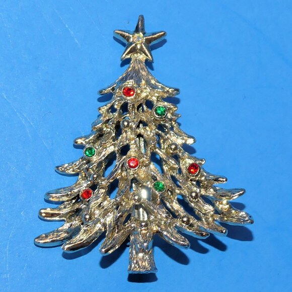 Vintage TANCER II Christmas Tree Brooch Pin Holiday Xmas Rhinestone Gold Tone - Picture 1 of 7